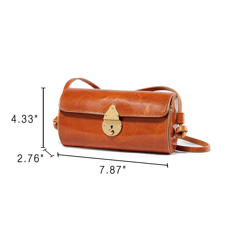 Vegetable Tanned Leather Barrel Bag Vintage Cylinder Crossbody Purse for Women