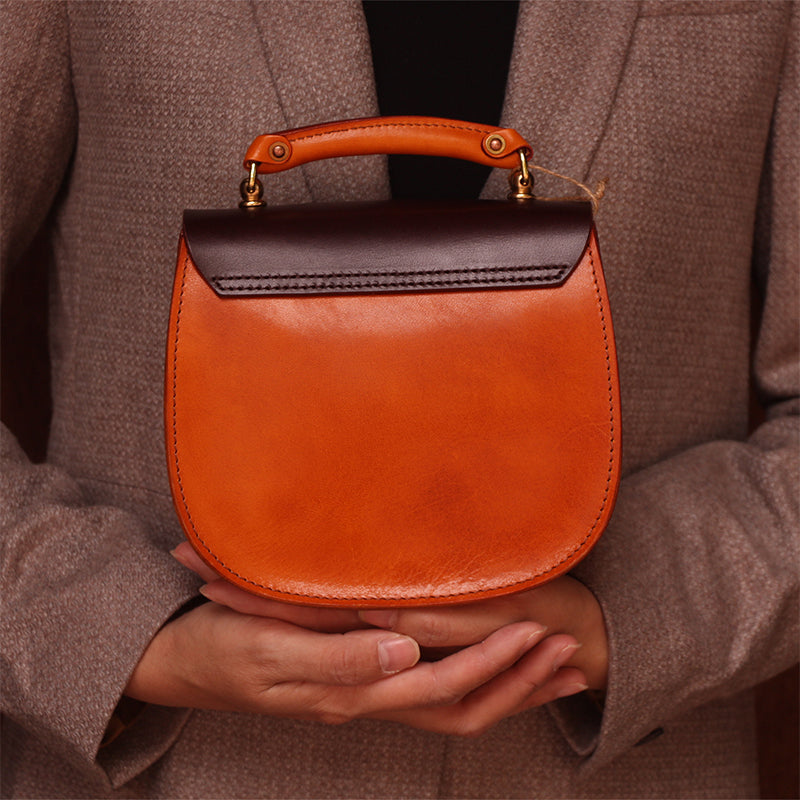 Handmade Full-Grain Leather Crossbody &amp; Top Handle Bag Classic Everyday Satchel in Black/Dark Brown