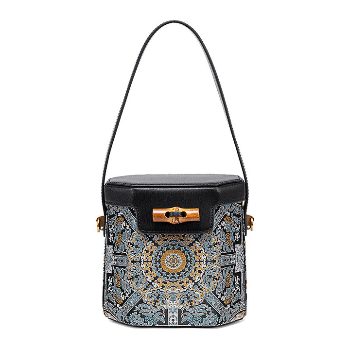 Small Leather Bucket Bag Mulberry Silk Chinese Pattern Crossbody Bag