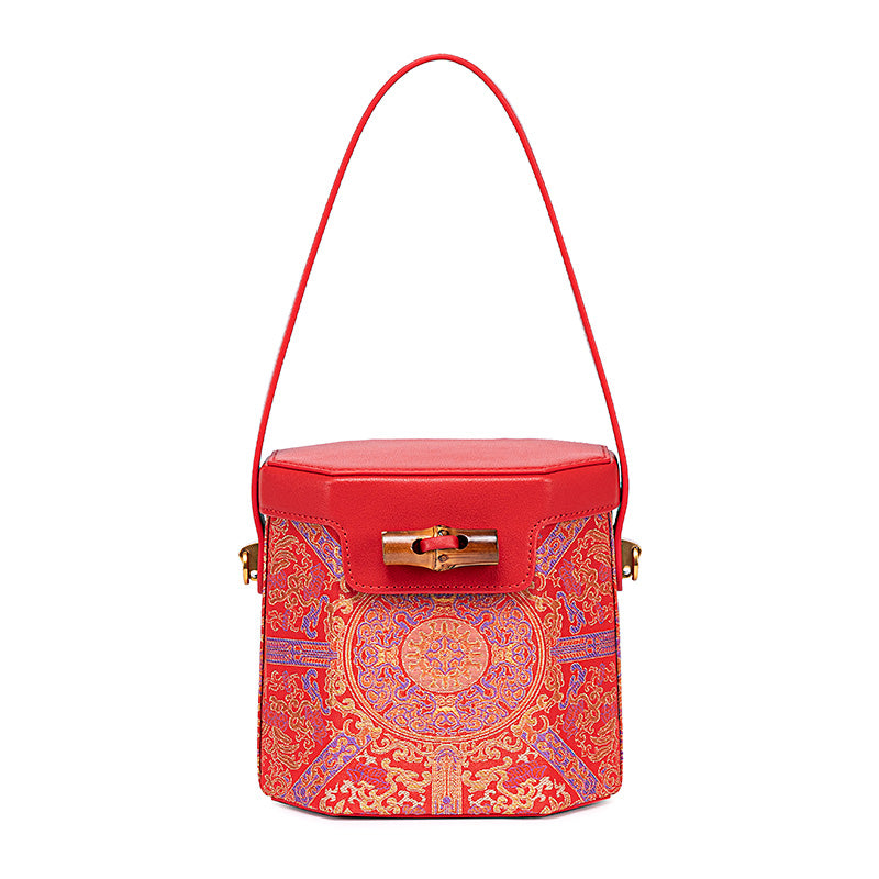 Small Leather Bucket Bag Mulberry Silk Chinese Pattern Crossbody Bag