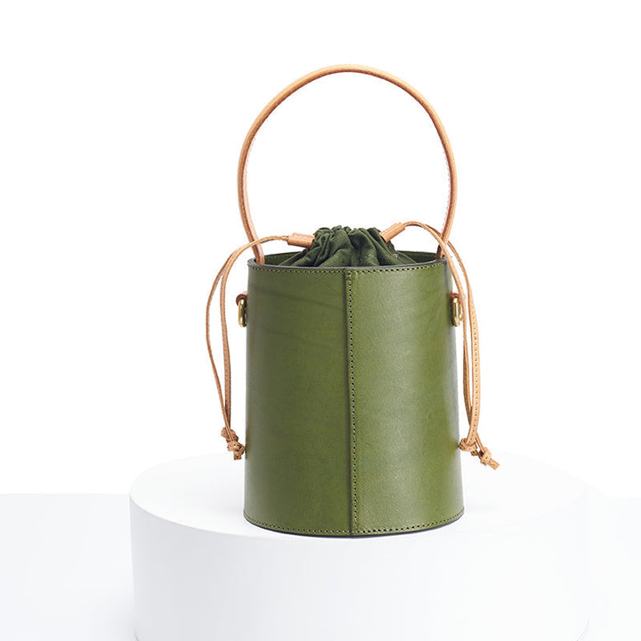 Sac seau diagonal en cuir de vachette pleine fleur, style rétro simple, pour femme, porté épaule.