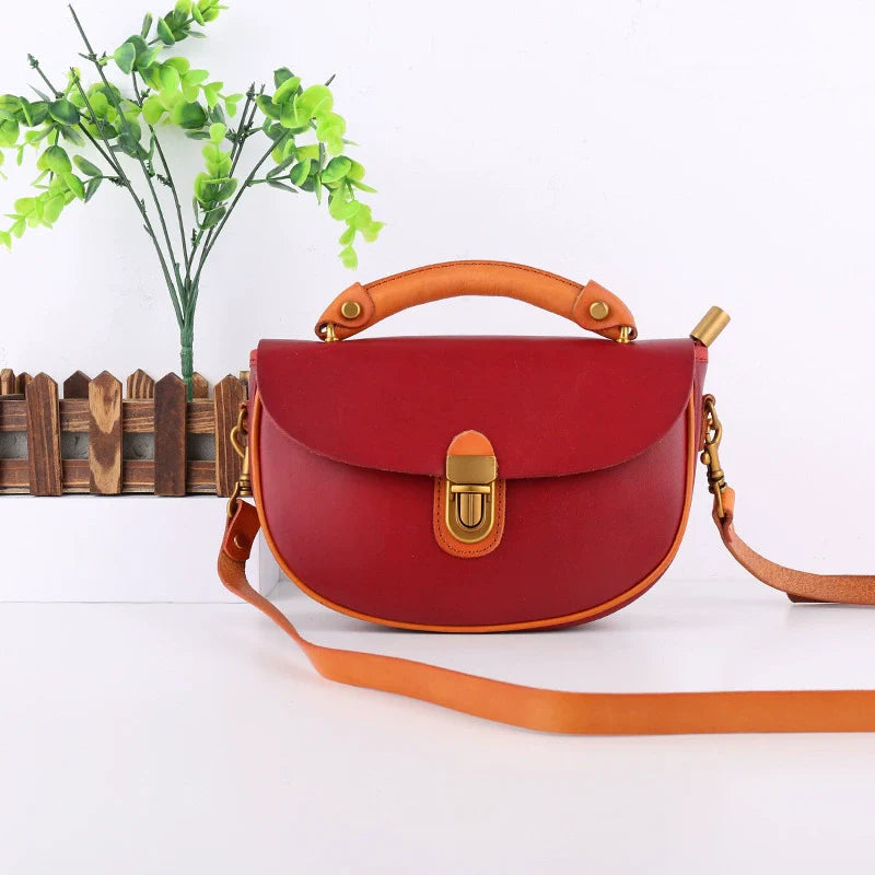 Two-Tone Leather Saddle Bag Vintage Push-Lock Top Handle Crossbody