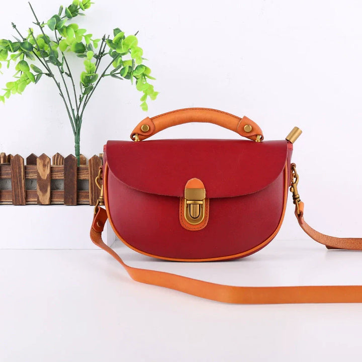 Two-Tone Leather Saddle Bag Vintage Push-Lock Top Handle Crossbody