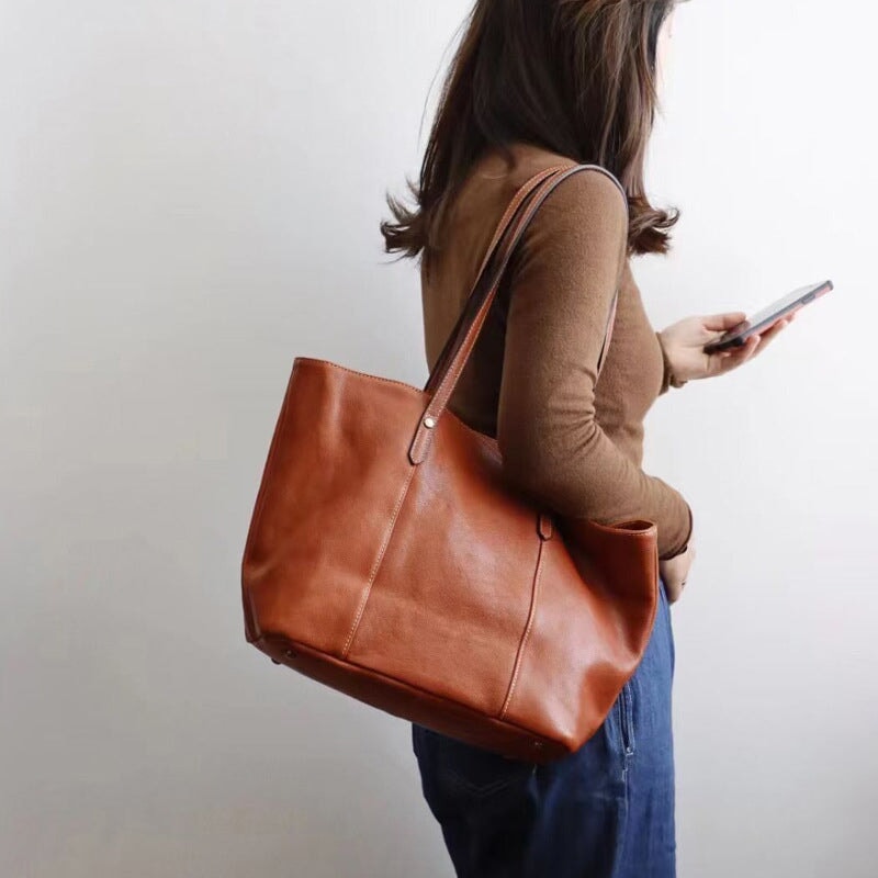 Sac à main cabas rétro en cuir de vachette grande capacité pour femme