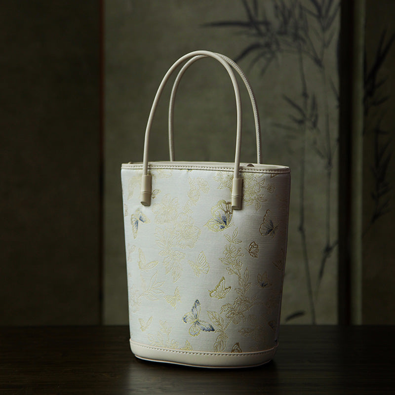Luxury Silk Bucket Bag for Women Song Brocade Leather Crossbody Handbag