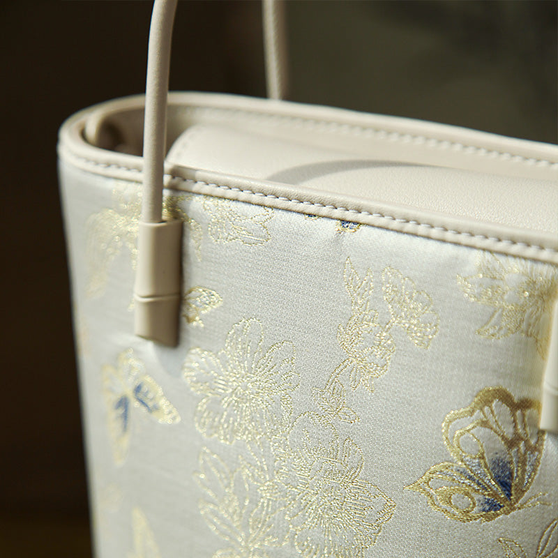 Luxury Silk Bucket Bag for Women Song Brocade Leather Crossbody Handbag