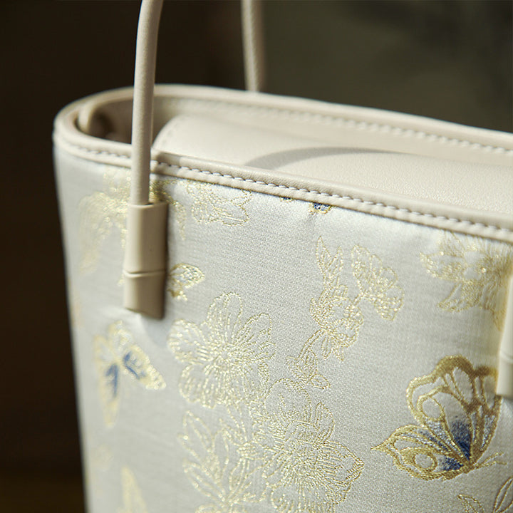 Luxury Silk Bucket Bag for Women Song Brocade Leather Crossbody Handbag