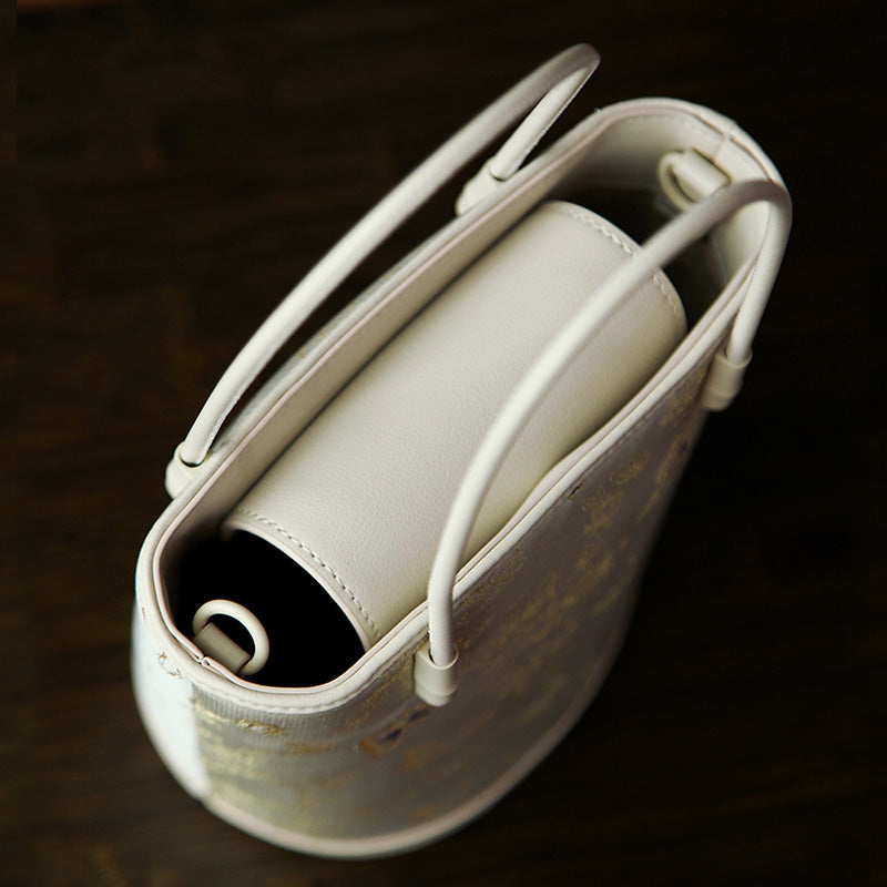 Luxury Silk Bucket Bag for Women Song Brocade Leather Crossbody Handbag