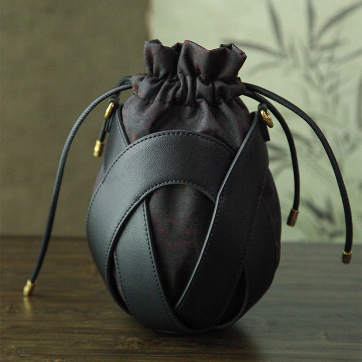 Mulberry Silk Drawstring Bucket Bag Xiangyunsha Leather Crossbody Handbag for Women