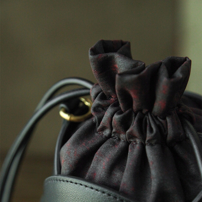 Mulberry Silk Drawstring Bucket Bag Xiangyunsha Leather Crossbody Handbag for Women