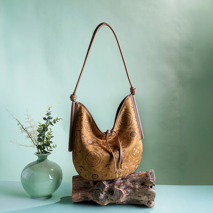 Mulberry Silk Hobo Bag Chinese Chinoiserie Shoulder Bag with Cowhide Leather