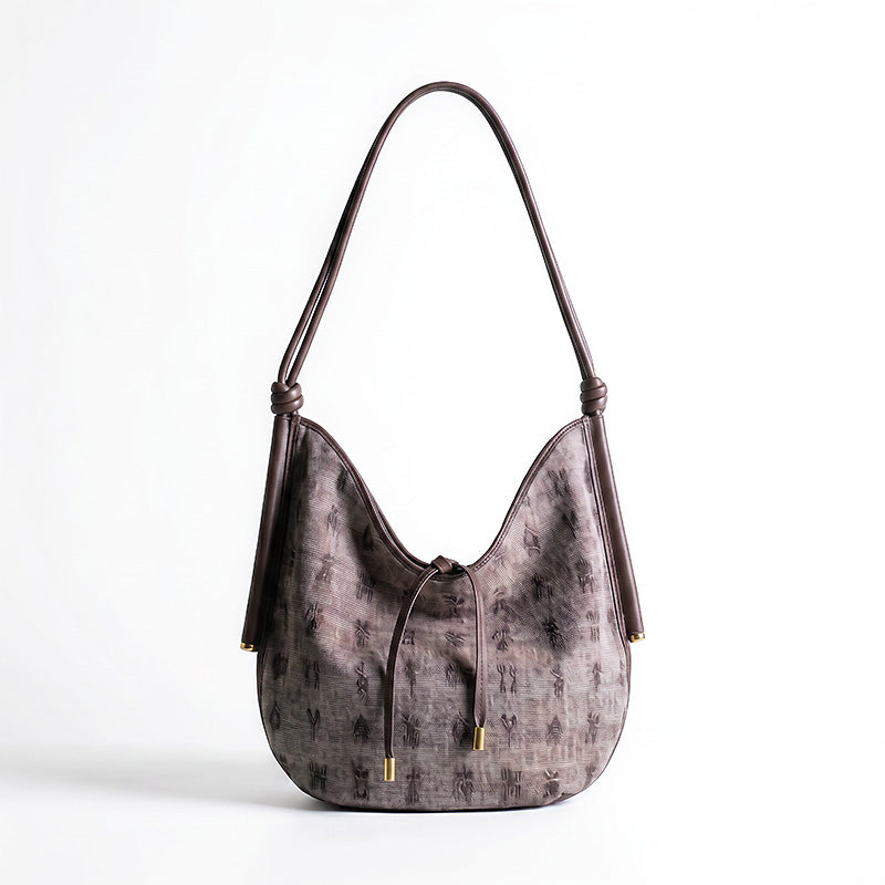 Mulberry Silk Hobo Bag Chinese Chinoiserie Shoulder Bag with Cowhide Leather