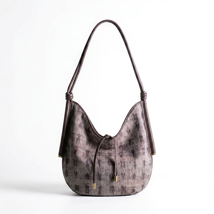 Mulberry Silk Hobo Bag Chinese Chinoiserie Shoulder Bag with Cowhide Leather