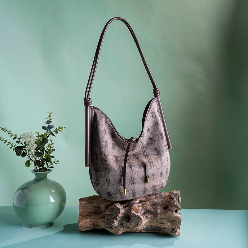 Mulberry Silk Hobo Bag Chinese Chinoiserie Shoulder Bag with Cowhide Leather