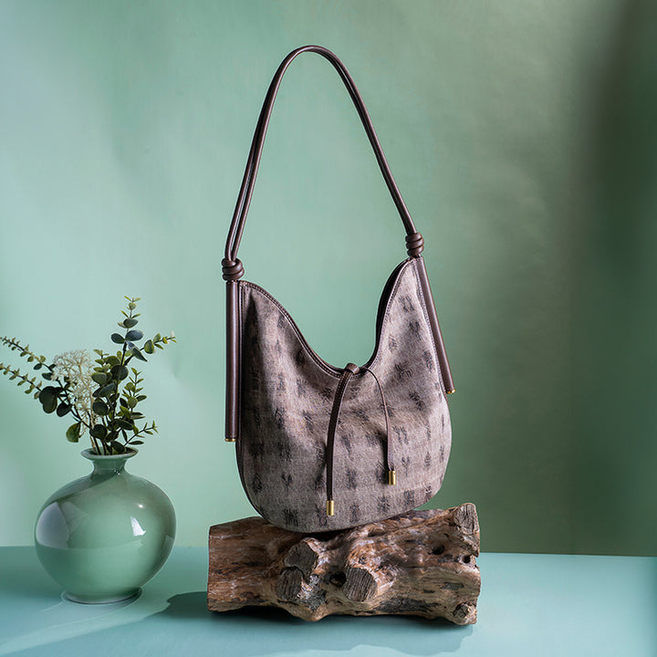 Mulberry Silk Hobo Bag Chinese Chinoiserie Shoulder Bag with Cowhide Leather
