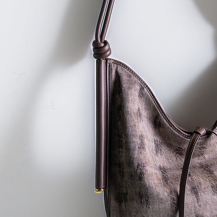 Mulberry Silk Hobo Bag Chinese Chinoiserie Shoulder Bag with Cowhide Leather