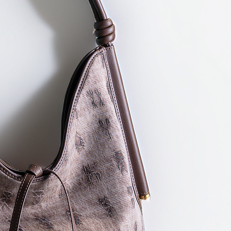 Mulberry Silk Hobo Bag Chinese Chinoiserie Shoulder Bag with Cowhide Leather