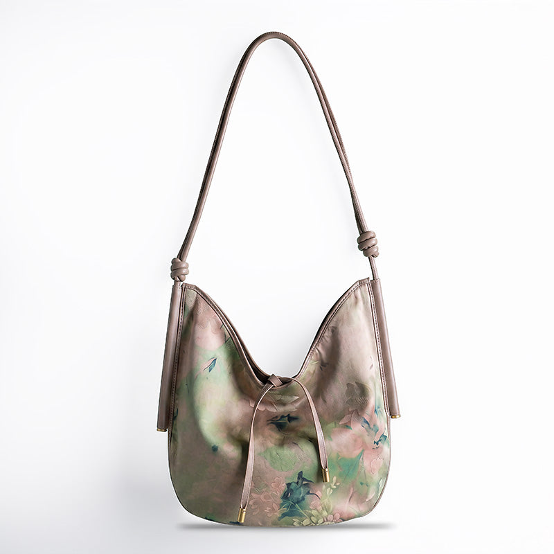 Mulberry Silk Hobo Bag Chinese Chinoiserie Shoulder Bag with Cowhide Leather