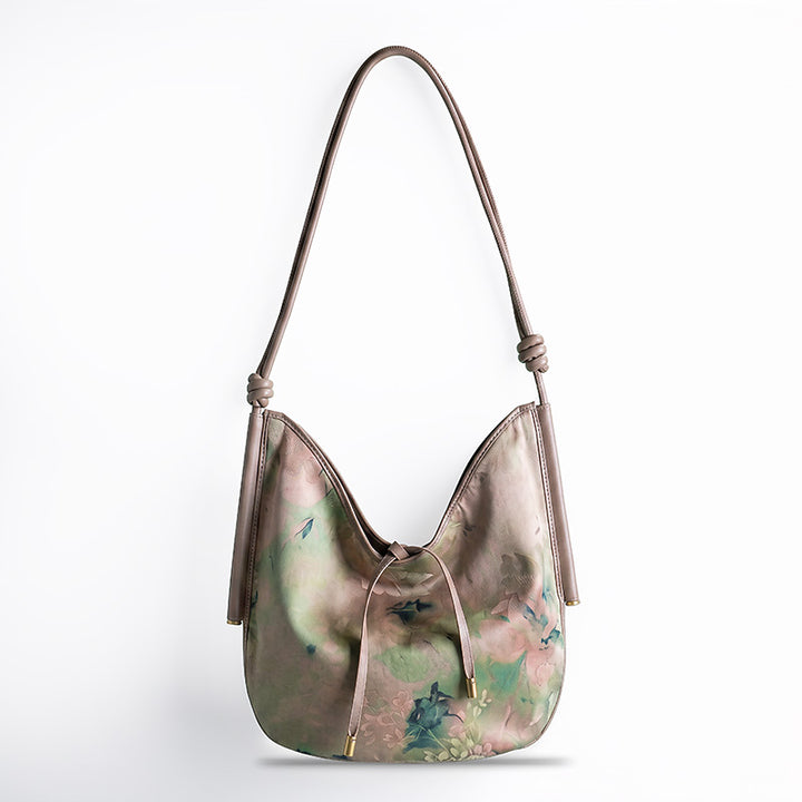 Mulberry Silk Hobo Bag Chinese Chinoiserie Shoulder Bag with Cowhide Leather