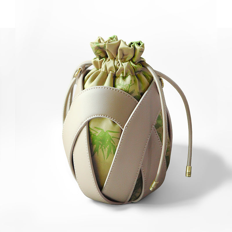 Mulberry Silk Drawstring Bucket Bag Xiangyunsha Leather Crossbody Handbag for Women