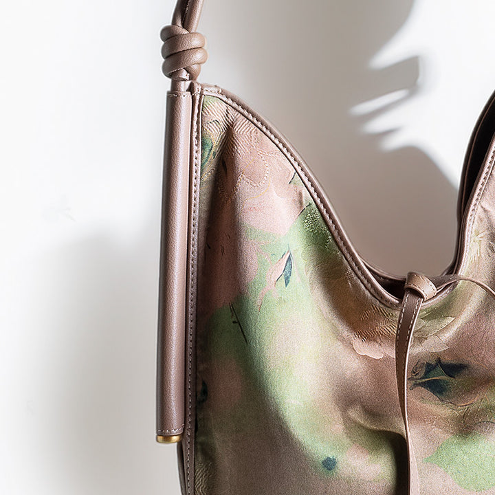 Mulberry Silk Hobo Bag Chinese Chinoiserie Shoulder Bag with Cowhide Leather