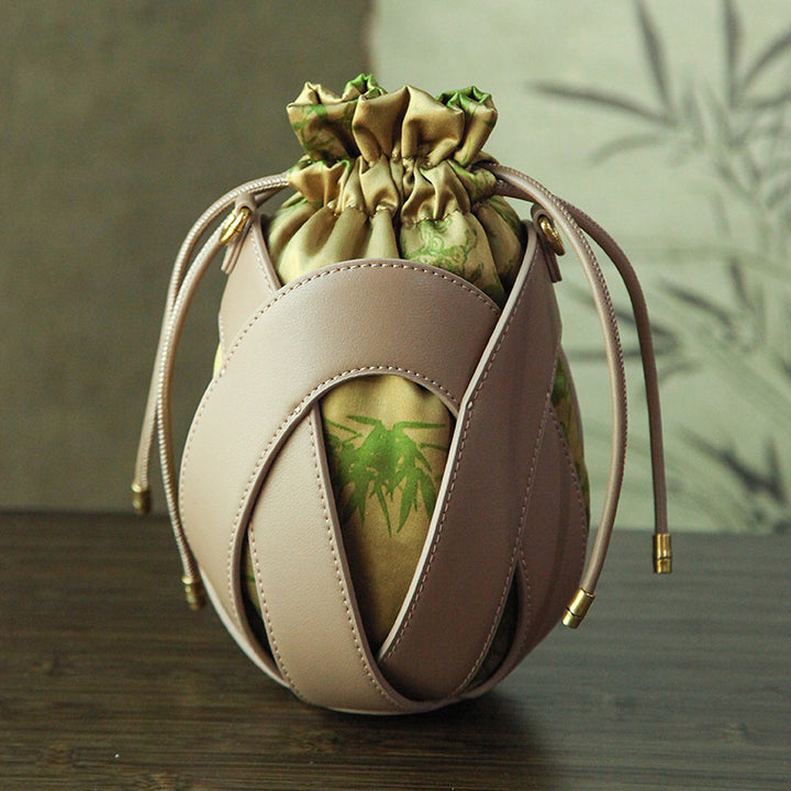 Mulberry Silk Drawstring Bucket Bag Xiangyunsha Leather Crossbody Handbag for Women
