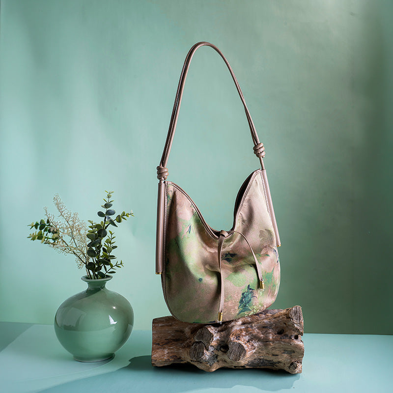 Mulberry Silk Hobo Bag Chinese Chinoiserie Shoulder Bag with Cowhide Leather