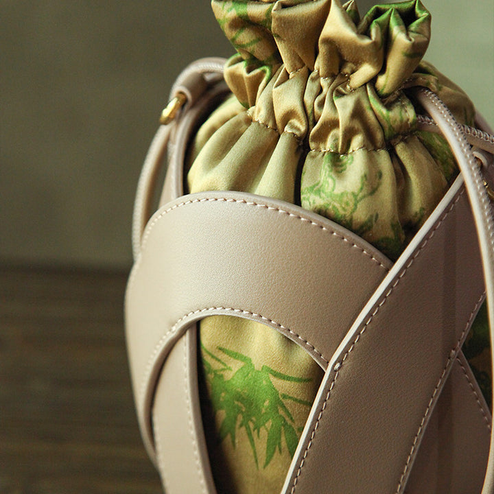 Mulberry Silk Drawstring Bucket Bag Xiangyunsha Leather Crossbody Handbag for Women