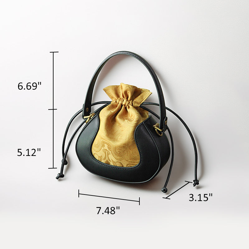 Mulberry Silk Drawstring Bucket Bag Chinoiserie Crossbody Handbag for Women