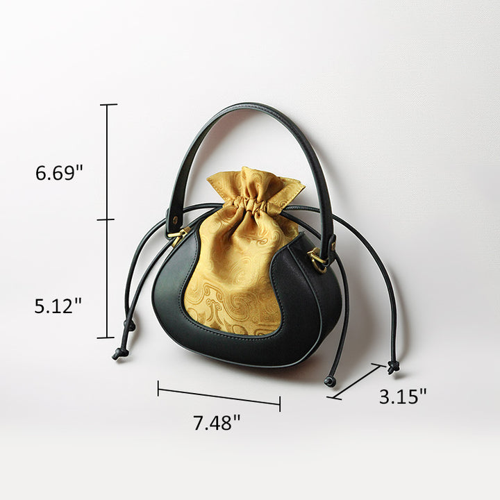 Mulberry Silk Drawstring Bucket Bag Chinoiserie Crossbody Handbag for Women