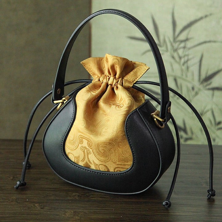 Mulberry Silk Drawstring Bucket Bag Chinoiserie Crossbody Handbag for Women