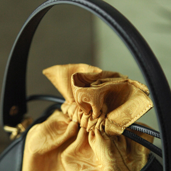 Mulberry Silk Drawstring Bucket Bag Chinoiserie Crossbody Handbag for Women