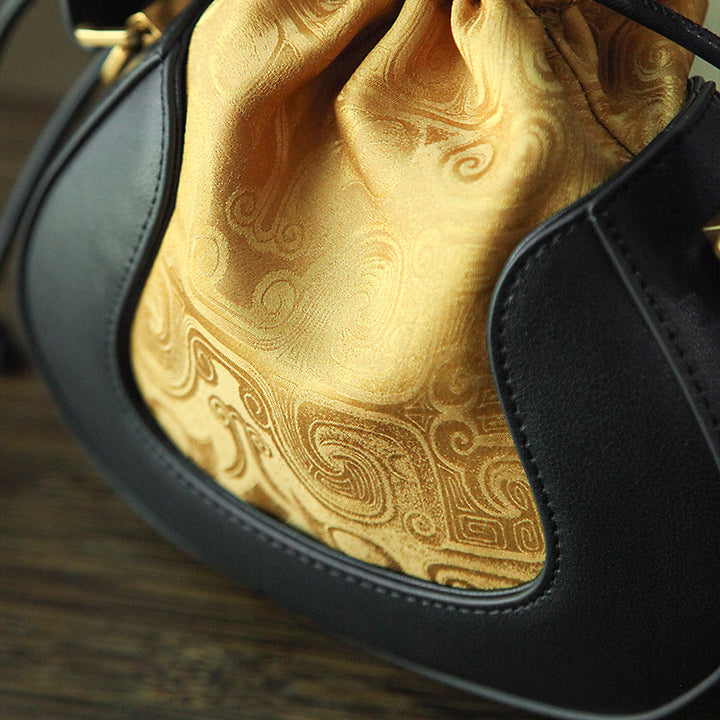 Mulberry Silk Drawstring Bucket Bag Chinoiserie Crossbody Handbag for Women