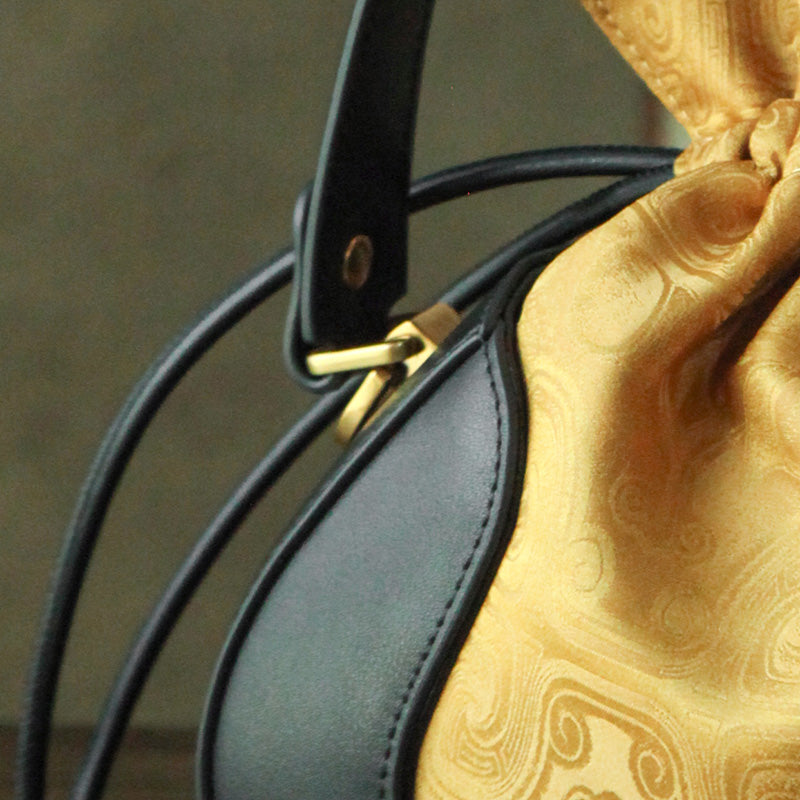 Mulberry Silk Drawstring Bucket Bag Chinoiserie Crossbody Handbag for Women