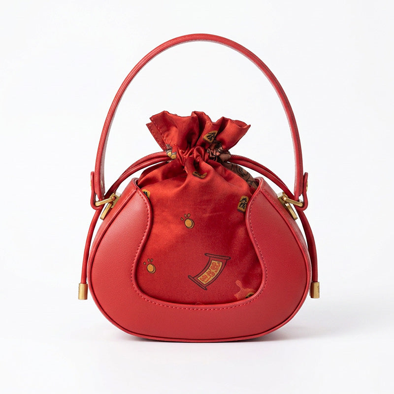 Mulberry Silk Drawstring Bucket Bag Chinoiserie Crossbody Handbag for Women