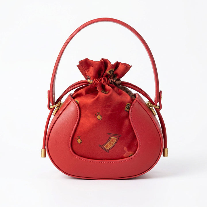 Mulberry Silk Drawstring Bucket Bag Chinoiserie Crossbody Handbag for Women