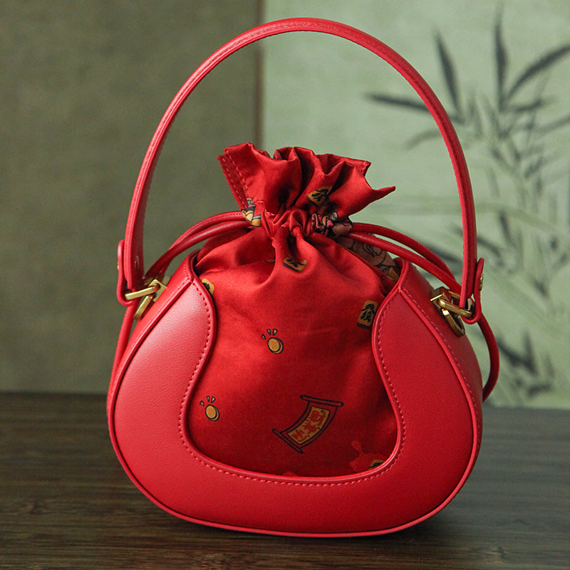 Mulberry Silk Drawstring Bucket Bag Chinoiserie Crossbody Handbag for Women