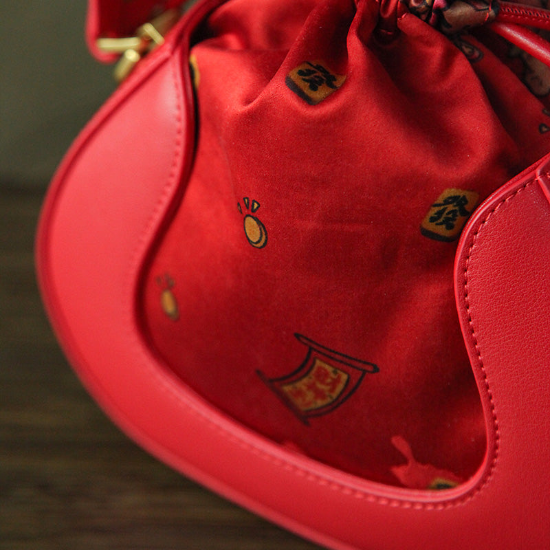 Mulberry Silk Drawstring Bucket Bag Chinoiserie Crossbody Handbag for Women