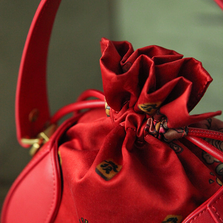 Mulberry Silk Drawstring Bucket Bag Chinoiserie Crossbody Handbag for Women