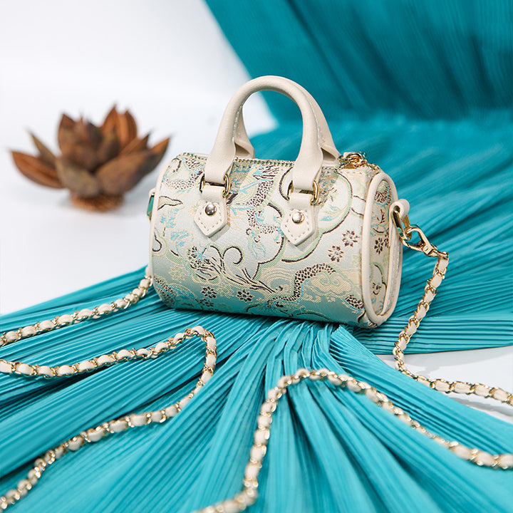 Mulberry Silk Mini Barrel Bag Chinese Style Crossbody &amp; Top Handle Handbag