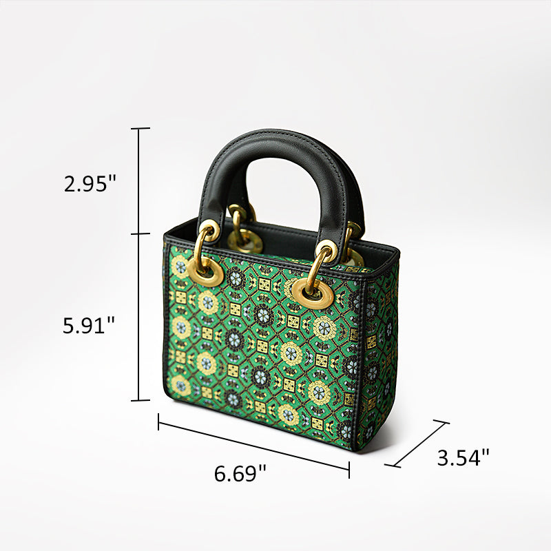 Green Silk Brocade Top Handle Bag Structured Jacquard Chinoiserie Handbag