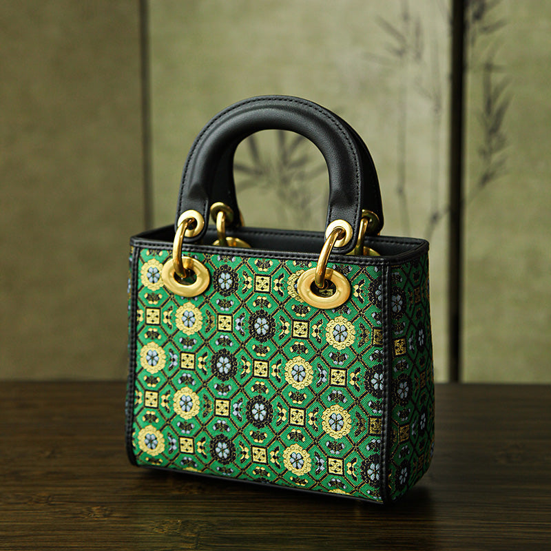 Green Silk Brocade Top Handle Bag Structured Jacquard Chinoiserie Handbag