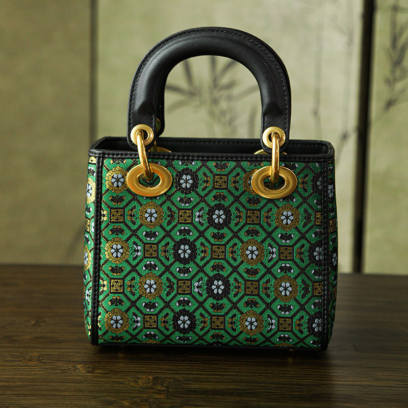 Green Silk Brocade Top Handle Bag Structured Jacquard Chinoiserie Handbag