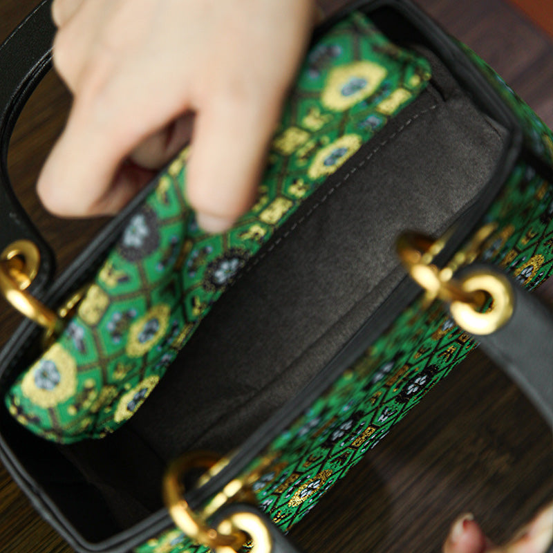 Green Silk Brocade Top Handle Bag Structured Jacquard Chinoiserie Handbag