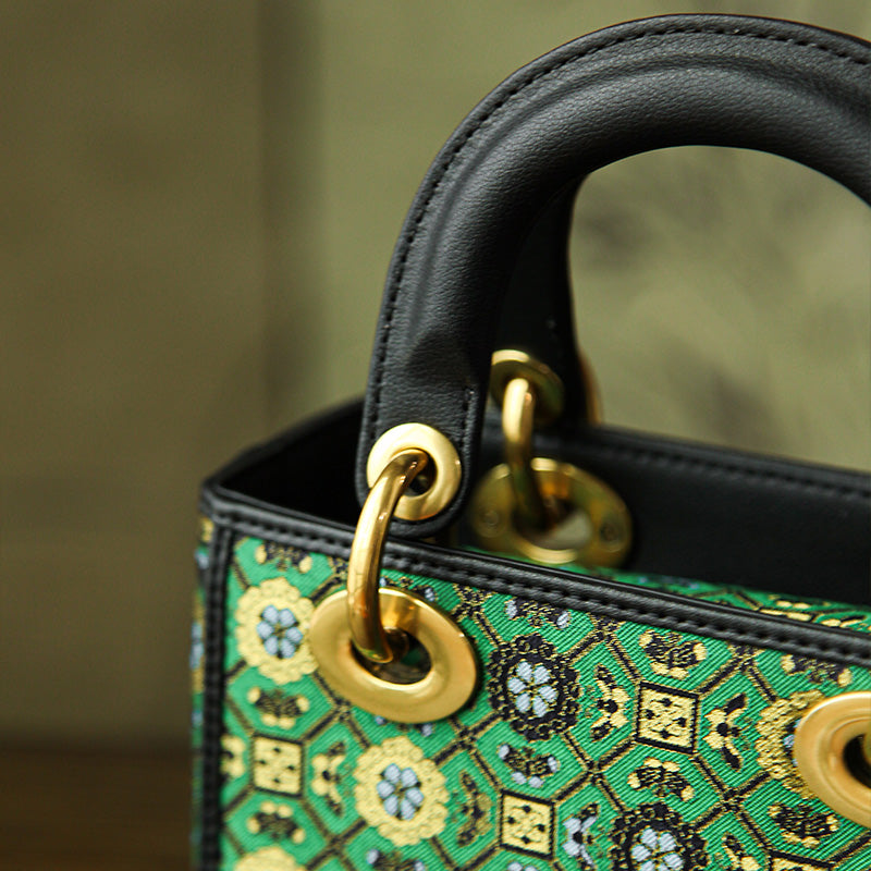 Green Silk Brocade Top Handle Bag Structured Jacquard Chinoiserie Handbag