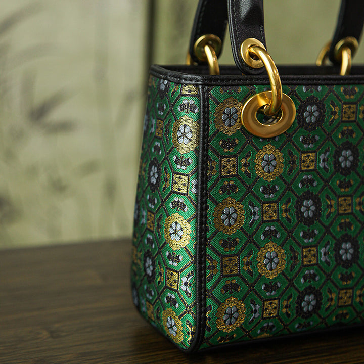Green Silk Brocade Top Handle Bag Structured Jacquard Chinoiserie Handbag