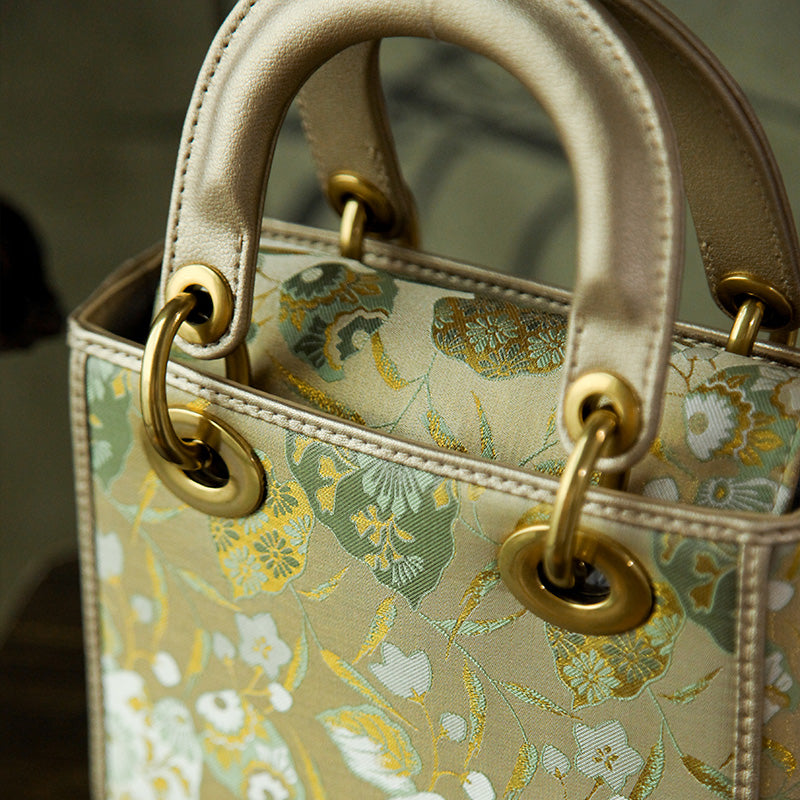 Mulberry Silk Song Brocade Top Handle Bag Chinese Jacquard Structured Handbag