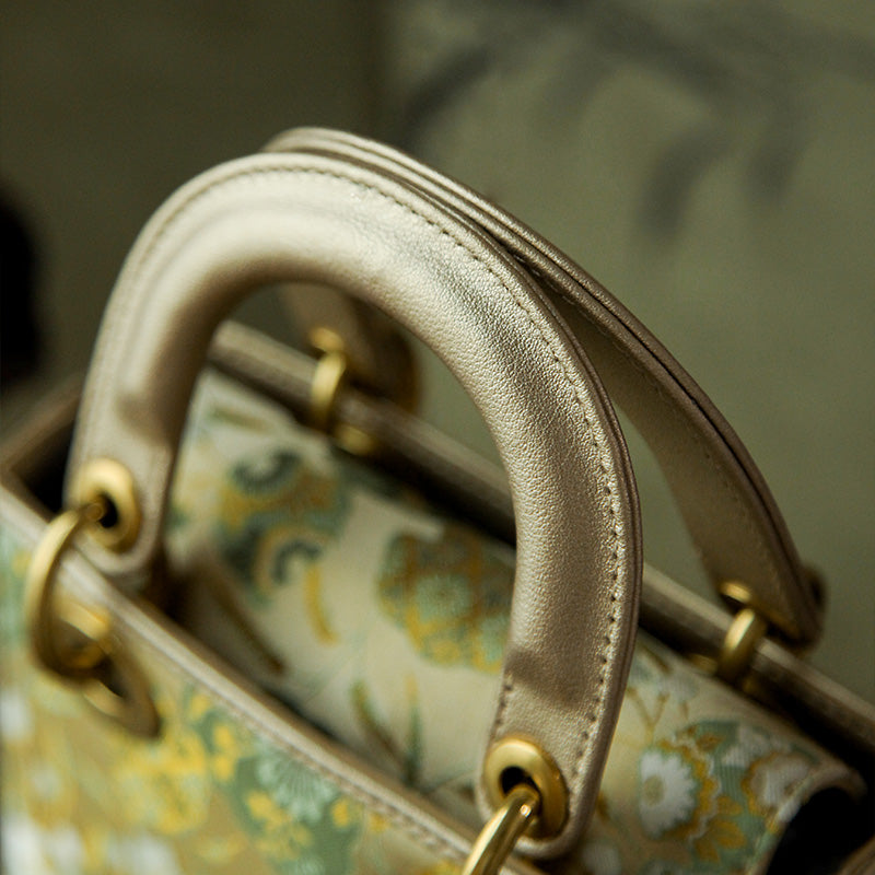 Mulberry Silk Song Brocade Top Handle Bag Chinese Jacquard Structured Handbag