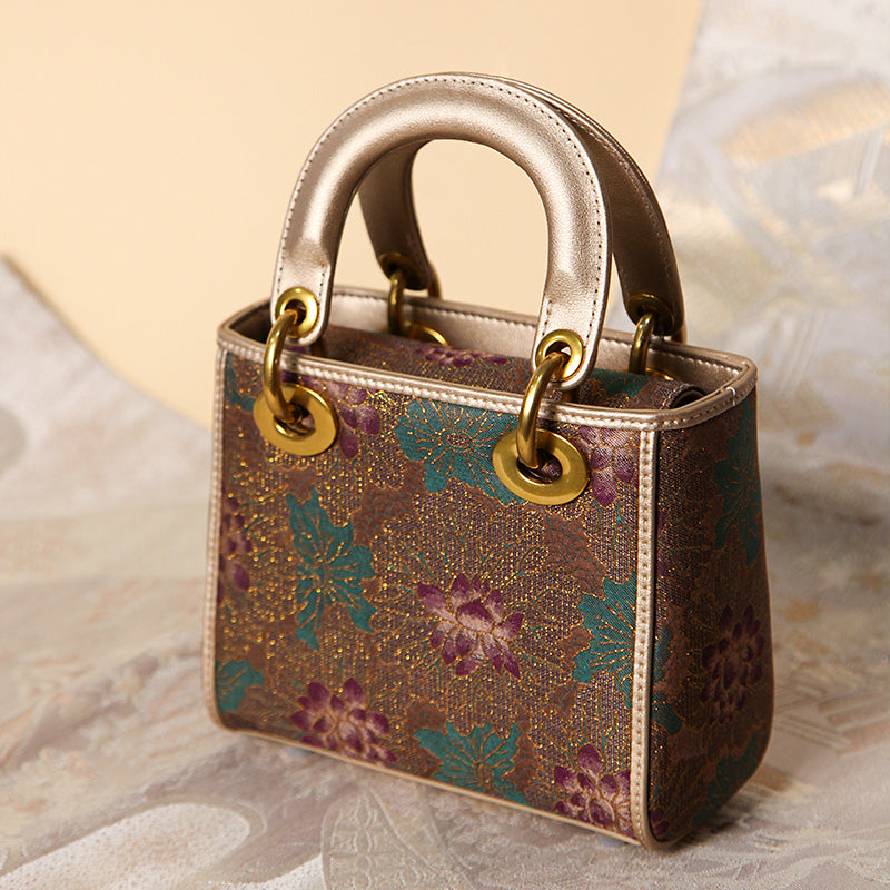 Mulberry Silk Song Brocade Top Handle Bag Chinese Jacquard Structured Handbag