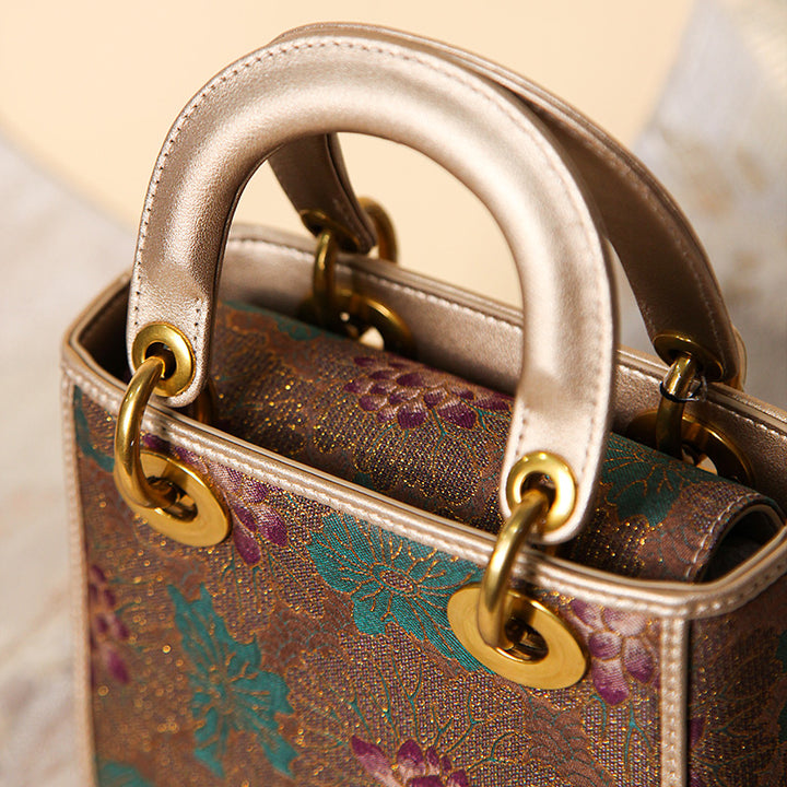Mulberry Silk Song Brocade Top Handle Bag Chinese Jacquard Structured Handbag